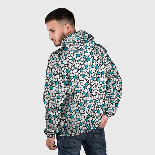 Мужская ветровка Мелкий синий белый мозаичный узор на черном / 3D-Белый – фото 4