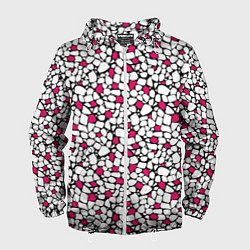 Ветровка с капюшоном мужская Мелкий красно белый мозаичный узор на черном, цвет: 3D-белый