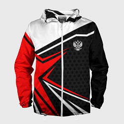Ветровка с капюшоном мужская Герб России - красный спортивный, цвет: 3D-белый