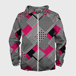 Ветровка с капюшоном мужская Красно черная абстрактная геометрия пэчворк, цвет: 3D-белый