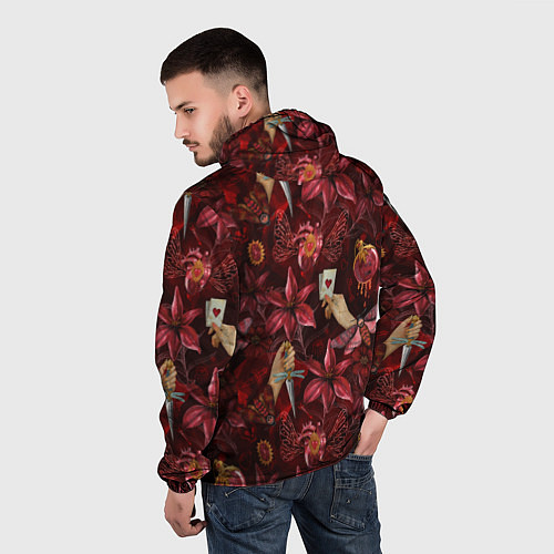Мужская ветровка Бордовая готика с сердцем, лилиями и мотыльками / 3D-Белый – фото 4