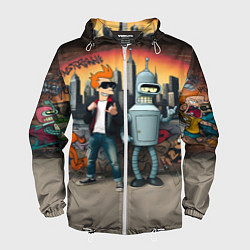Ветровка с капюшоном мужская Фрай и Бендер на фоне стены с граффити, цвет: 3D-белый