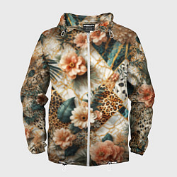 Ветровка с капюшоном мужская Цветы на кусках мрамора и леопардовом узоре, цвет: 3D-белый