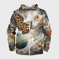 Ветровка с капюшоном мужская Мрамор с цветами и леопардовый узор, цвет: 3D-белый