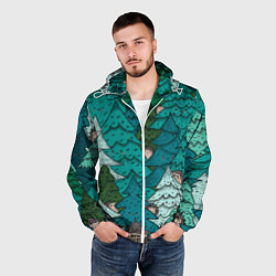 Ветровка с капюшоном мужская Ежи в еловом лесу, цвет: 3D-белый — фото 2