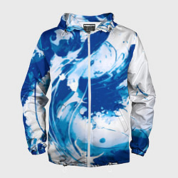 Ветровка с капюшоном мужская Бело-синий абстракция морская волна, цвет: 3D-белый