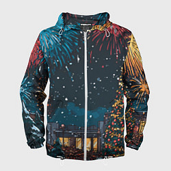 Ветровка с капюшоном мужская Новогодний салют, цвет: 3D-белый