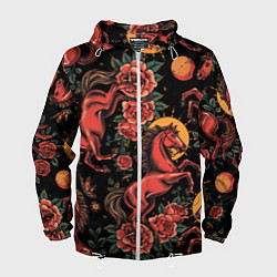 Ветровка с капюшоном мужская Красная лошадь с розами, цвет: 3D-белый
