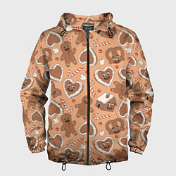 Ветровка с капюшоном мужская Паттерн с новогодним печеньем, цвет: 3D-черный