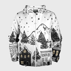 Ветровка с капюшоном мужская Заснеженный черно-белый город, цвет: 3D-белый