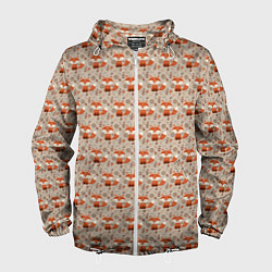 Ветровка с капюшоном мужская Лиса сидит среди цветов и листьев, цвет: 3D-белый