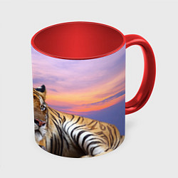 Кружка 3D Тигр на закате, цвет: 3D-белый + красный