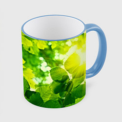 Кружка 3D Зелёные листья, цвет: 3D-небесно-голубой кант