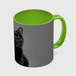 Кружка 3D Черный котик, цвет: 3D-белый + светло-зеленый