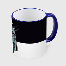 Кружка цветная Скелет Самурай с трубкой на черно белом фоне