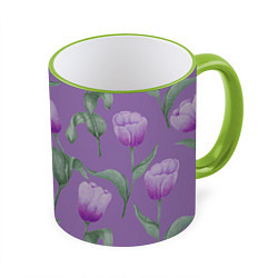 Кружка 3D Фиолетовые тюльпаны с зелеными листьями, цвет: 3D-светло-зеленый кант