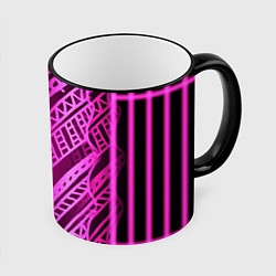 Кружка 3D Неоновая абстракция Розовый светящийся узор на тем, цвет: 3D-черный кант