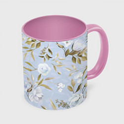 Кружка 3D Цветы Золотые Листья, цвет: 3D-белый + розовый