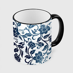 Кружка 3D Гжелевые цветы, цвет: 3D-черный кант