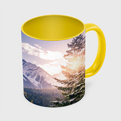 Кружка 3D Горы Лес Солнце, цвет: 3D-белый + желтый