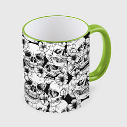 Кружка цветная Чёрно белые черепа и маки
