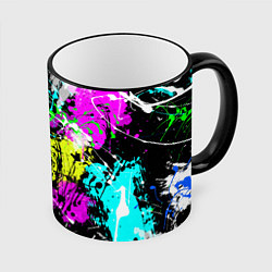 Кружка 3D Разноцветные пятна краски на черном фоне, цвет: 3D-черный кант