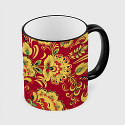 Кружка 3D Хохломская Роспись Цветы На красном Фоне, цвет: 3D-черный кант
