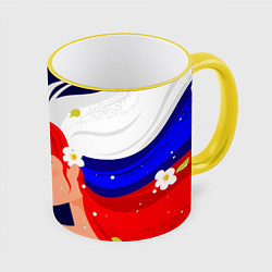 Кружка 3D Русская девушка с триколором на волосах, цвет: 3D-желтый кант