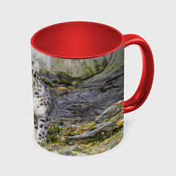 Кружка 3D Снежный барс среди скал, цвет: 3D-белый + красный