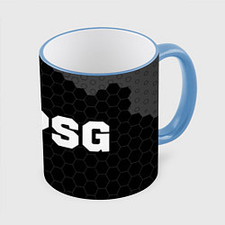 Кружка 3D PSG sport на темном фоне: надпись и символ, цвет: 3D-небесно-голубой кант