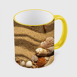 Кружка 3D Ракушки на песчаном берегу, цвет: 3D-желтый кант