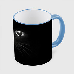 Кружка 3D Взгляд чёрного кота, цвет: 3D-небесно-голубой кант