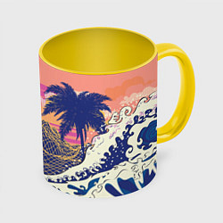 Кружка цветная Ретро дизайн большие волны, пальмы и абстрактные г
