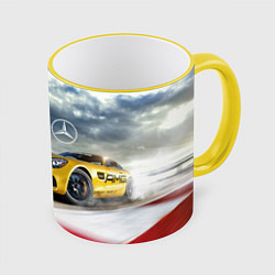 Кружка 3D Mercedes AMG V8 Biturbo на трассе, цвет: 3D-желтый кант