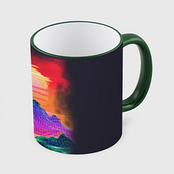Кружка 3D Синтвейв неоновые горы на закате, цвет: 3D-зеленый кант