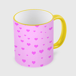 Кружка 3D Сердечки розовые абстракция, цвет: 3D-желтый кант