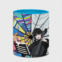 Кружка 3D Уэнсдэй играет на виолончели на фоне окна, цвет: 3D-белый + небесно-голубой — фото 2