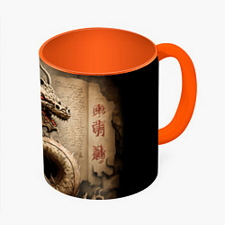 Кружка 3D Китайский дракон с открытой пастью, цвет: 3D-белый + оранжевый