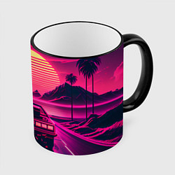 Кружка 3D Синтвейв закат и автомобиль, цвет: 3D-черный кант