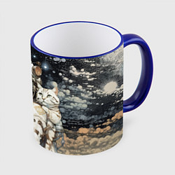 Кружка 3D Девушка космонавт с белым котом, цвет: 3D-синий кант