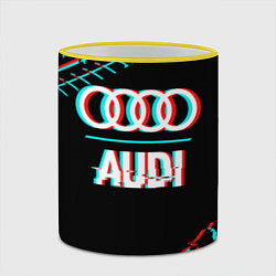 Кружка 3D Значок Audi в стиле glitch на темном фоне, цвет: 3D-желтый кант — фото 2