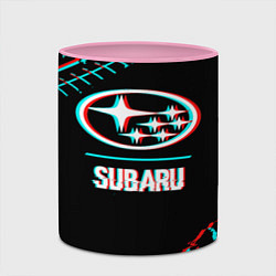 Кружка 3D Значок Subaru в стиле glitch на темном фоне, цвет: 3D-белый + розовый — фото 2