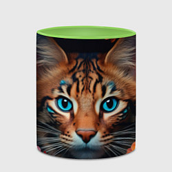 Кружка 3D Дикая кошечка в цветах - крупный план головы, цвет: 3D-белый + светло-зеленый — фото 2