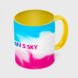 Кружка 3D No Mans Sky neon gradient style: надпись и символ, цвет: 3D-белый + желтый