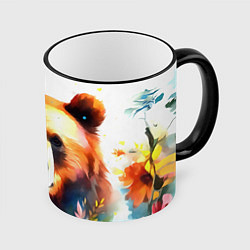 Кружка цветная Морда медведя гризли с цветами акварелью