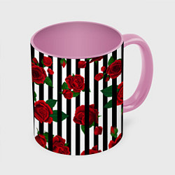 Кружка 3D Полосы и красные розы, цвет: 3D-белый + розовый