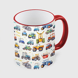 Кружка 3D Акварельные тракторы - детский паттерн, цвет: 3D-красный кант