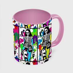 Кружка 3D Разноцветные скелеты девушки - поп-арт - мода, цвет: 3D-белый + розовый