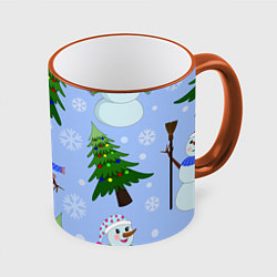 Кружка цветная Снеговики с новогодними елками паттерн