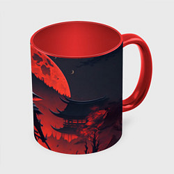 Кружка 3D Samurai and red moon - нейросеть, цвет: 3D-белый + красный